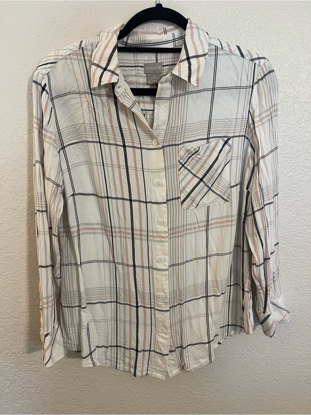 Chico's Lightweight Plaid Button-Up Shirt in Gray, Pink & Black